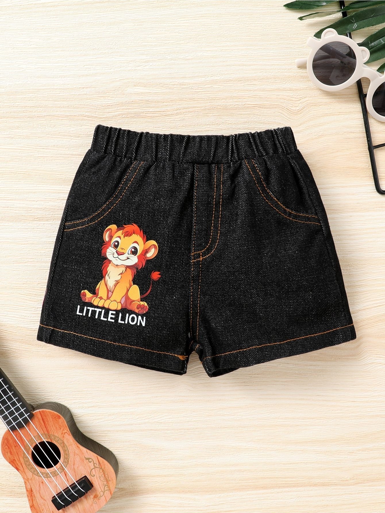 Cute Cartoon Number Pattern Cardigan and Lion Print Denim Shorts Set for Kids