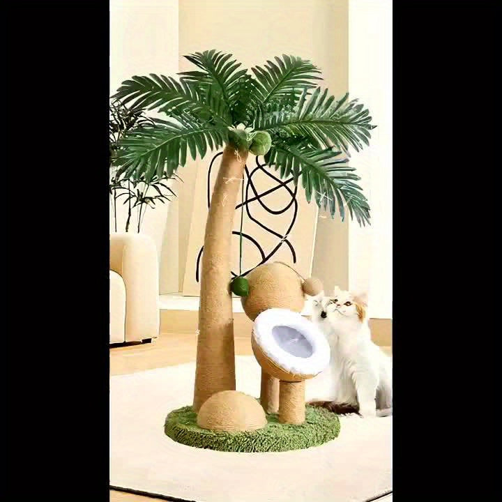 33 Inch Large Cat Scratching Post with Curved Palm Tree Design and Interactive Toys