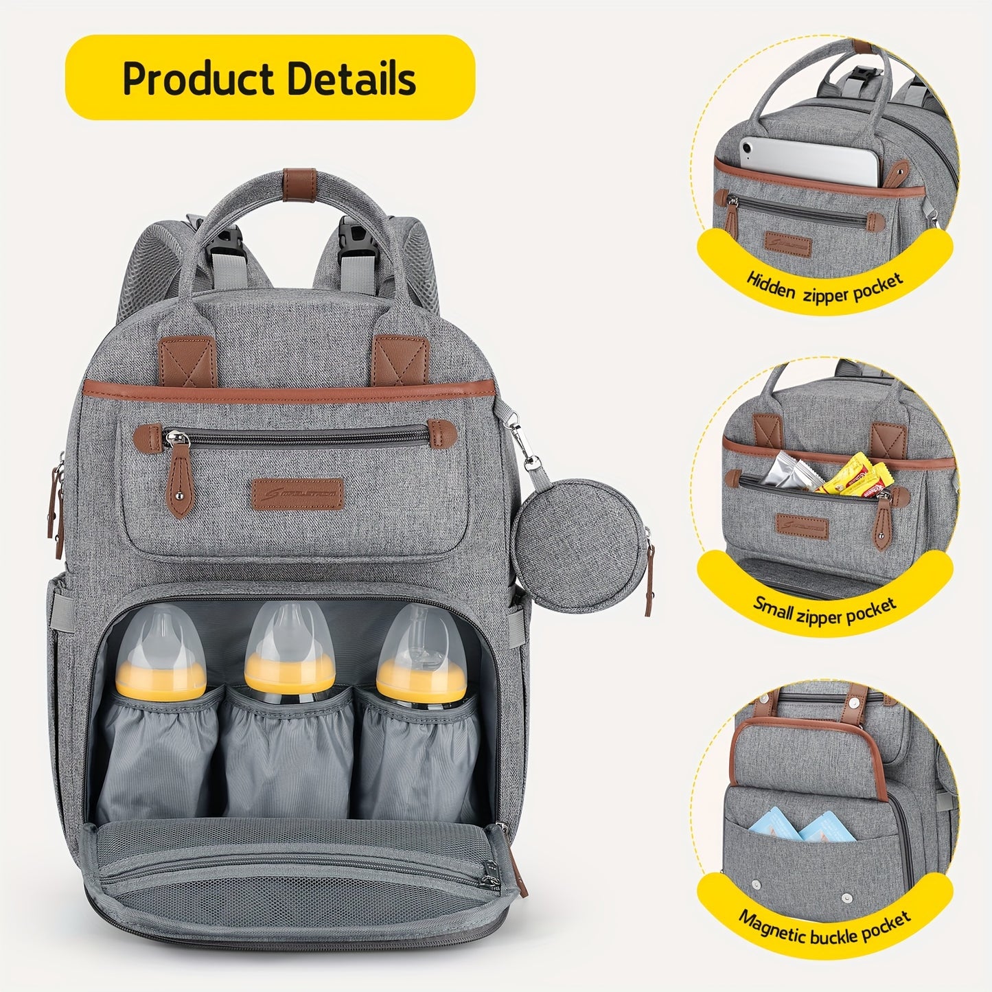 Expandable Diaper Backpack for Moms and Dads with Changing Pad and Stroller Straps Grey