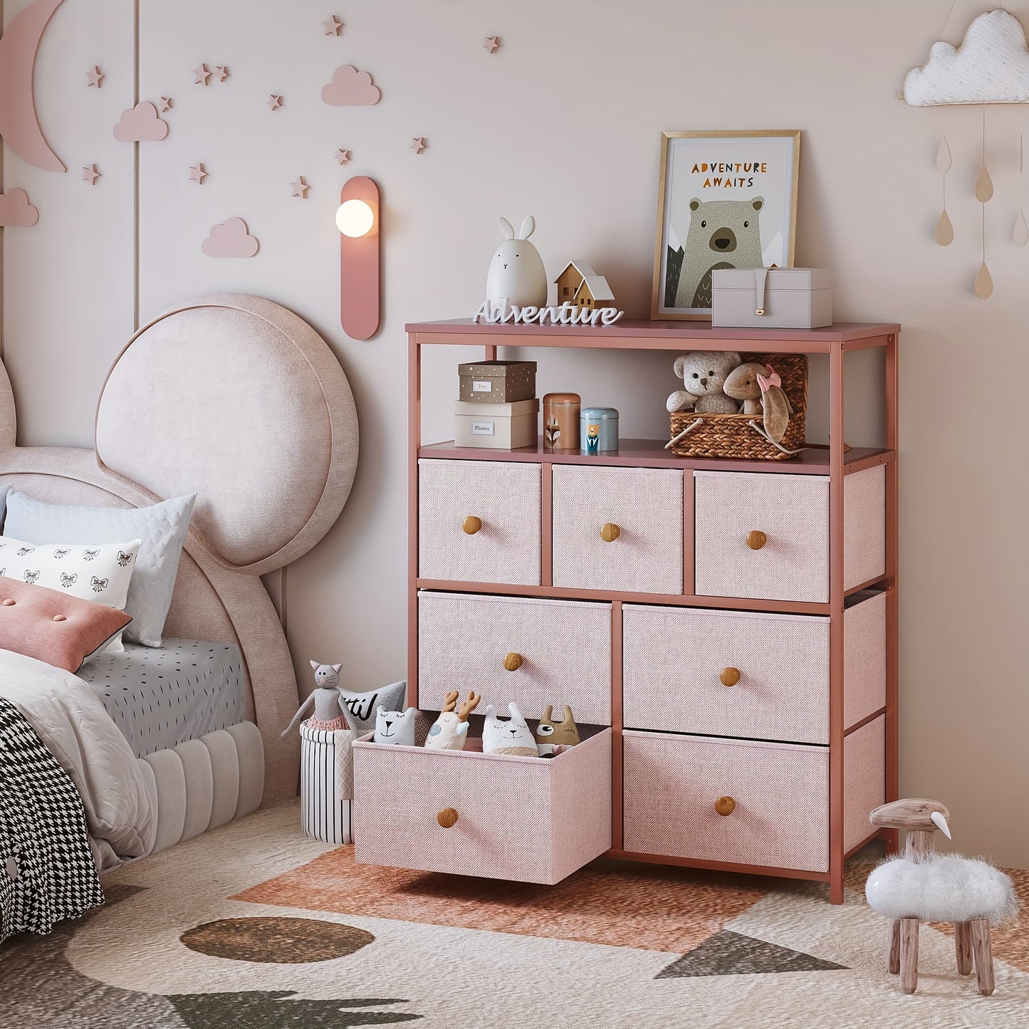 Pink Bedroom Dresser with 7 Drawers Stylish Storage Unit for Living Room and Closet