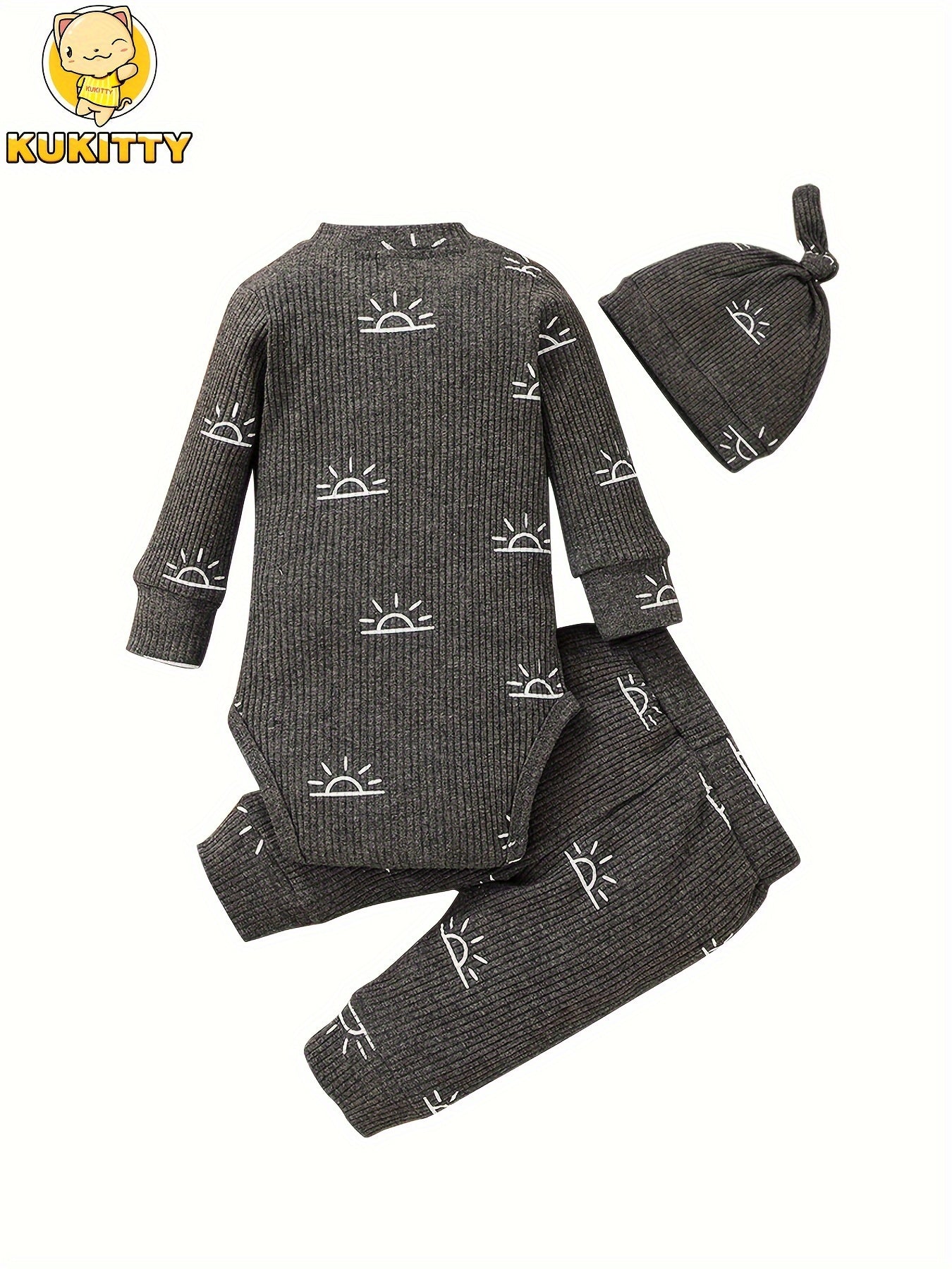 KuKitty Baby Boys Clothes Newborn Ribbed Long Sleeve Romper With Sun Pattern Pants Hat Outfits Set