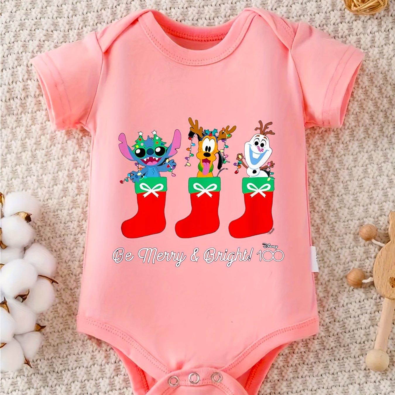 Disney Stitch Pluto Olaf Christmas Be Merry Bright 100 Percent Cotton Short Sleeve Romper