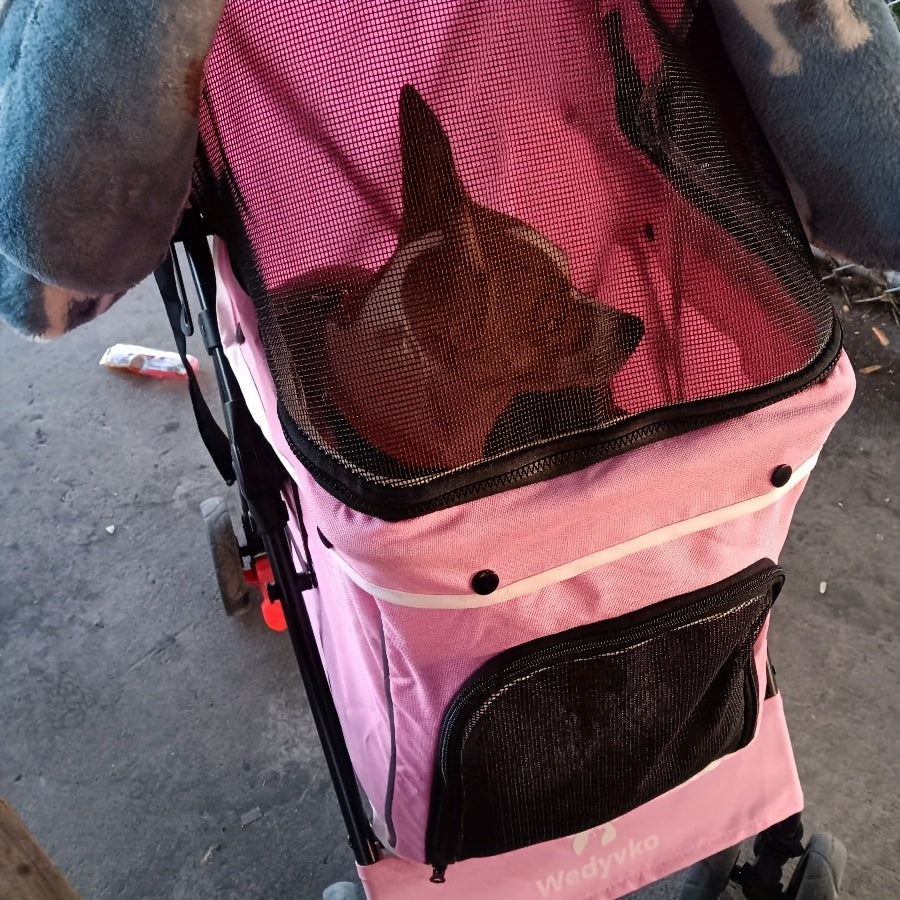 Easy-Fold Pink Pet Stroller for Small Dogs & Cats - 33 LBS Capacity, Breathable Mesh Panels, Safety Leashes, Cup Holder & Storage Basket, Smooth 4-Wheel Design with Secure Canopy, Dog Stroller