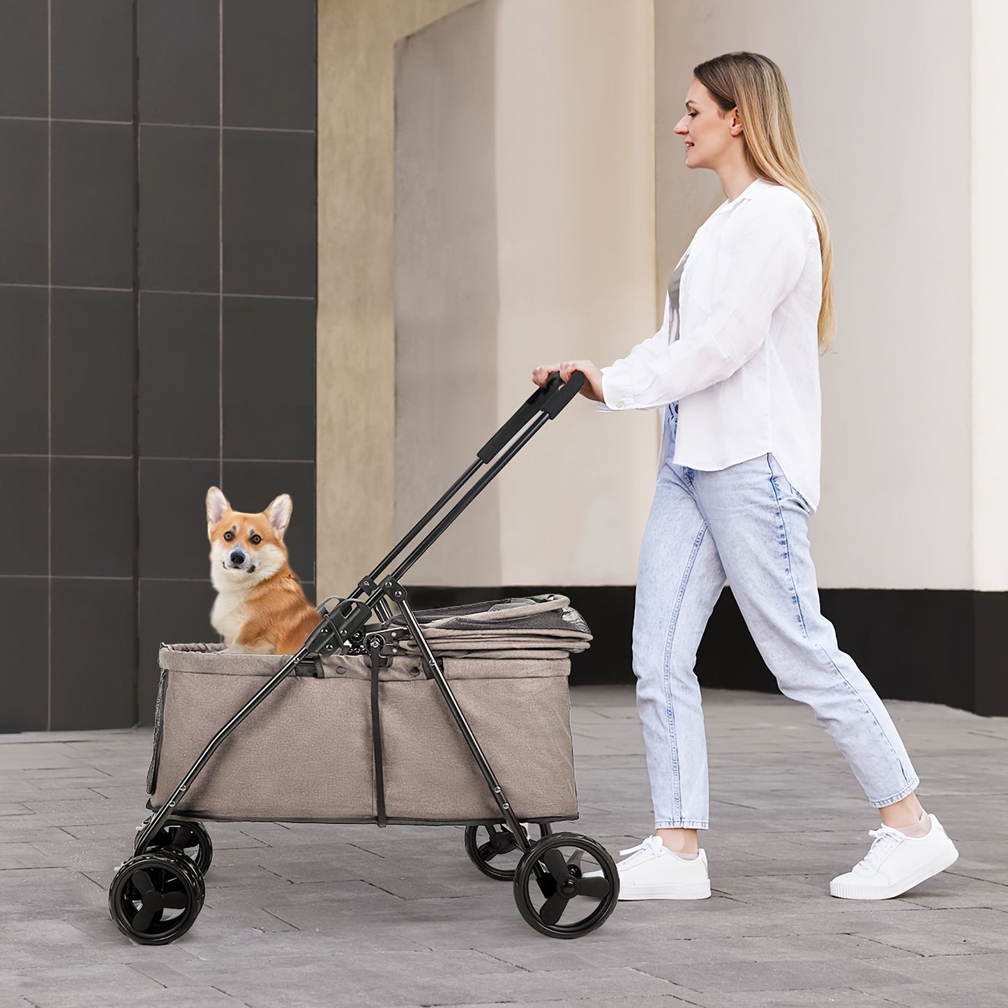 Wedyvko Larger Capacity Dog Stroller for Medium/Small Pets with Dog Poop Bags & Dispenser, Storage Pouch, Zipperless Cat Stroller Entry - Grey/Black/White Wheels - For Dog & Cat Owners - Suitable for Walks & Outdoor Adventure