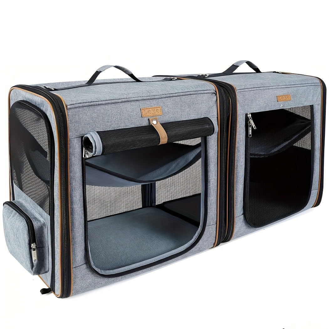 Double Cat Travel Carrier With Litter Box Medium Grey Pet Kennel For Dogs And Cats