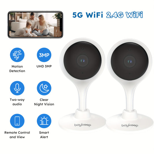 2 Pack BoyKeep 2K Indoor Security Cameras with 5G Wi-Fi and 2 Way Audio for Pets