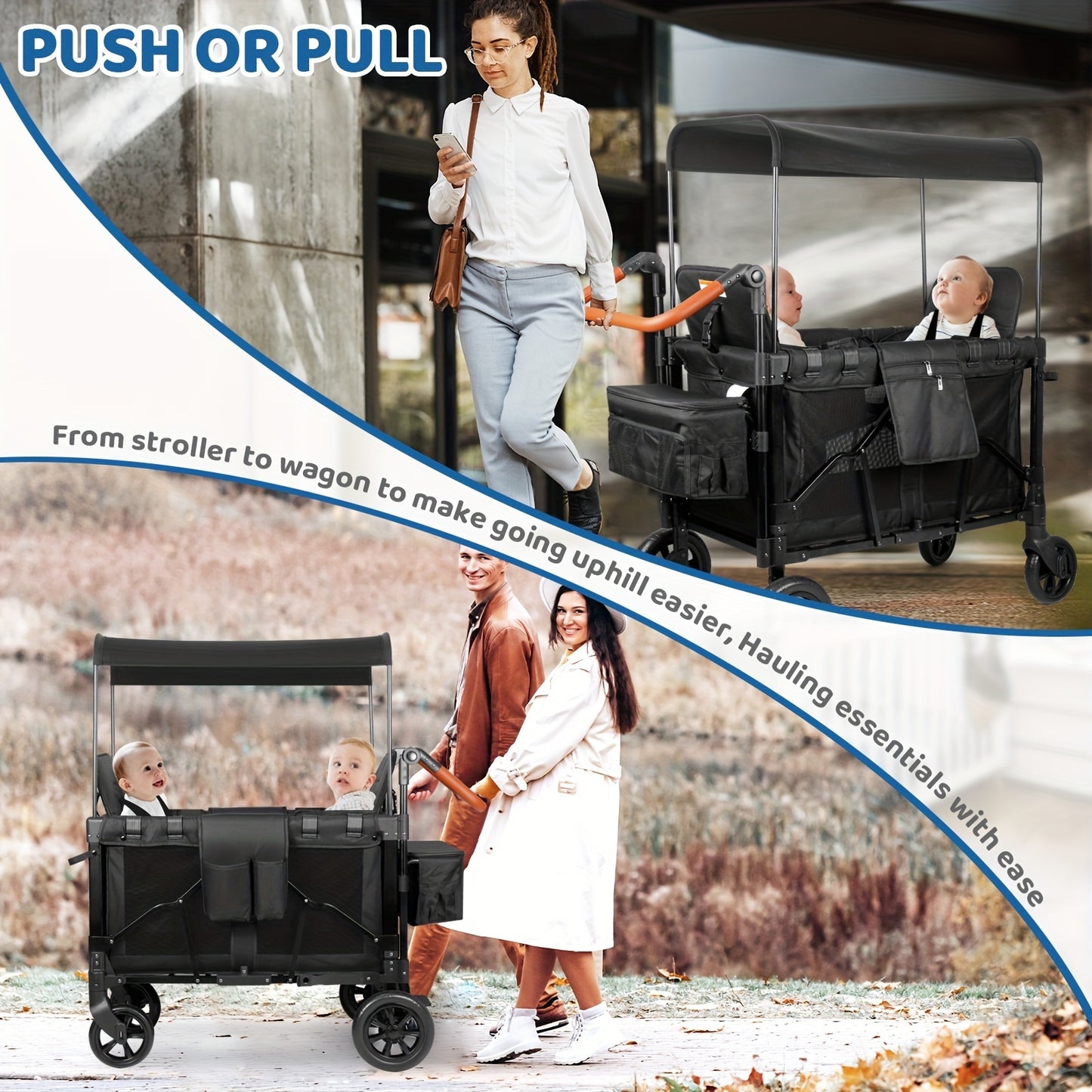 Luxury Comfort Stroller Wagon | Foldable 2 Passenger Double Seater With Adjustable Canopy | Black