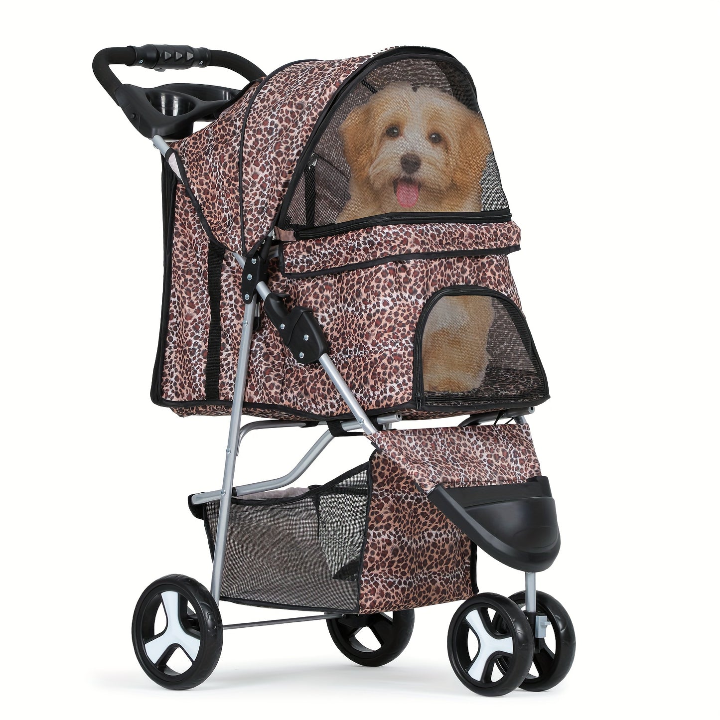 3 Wheels Pet Dog Cat Stroller for Small Medium Dogs Cats - Foldable Jogger Stroller w/Storage Basket and Cup Holder - For Pet Owners - Suitable for Outdoor Walks & Travel - Great Gift for Dog & Cat Lovers