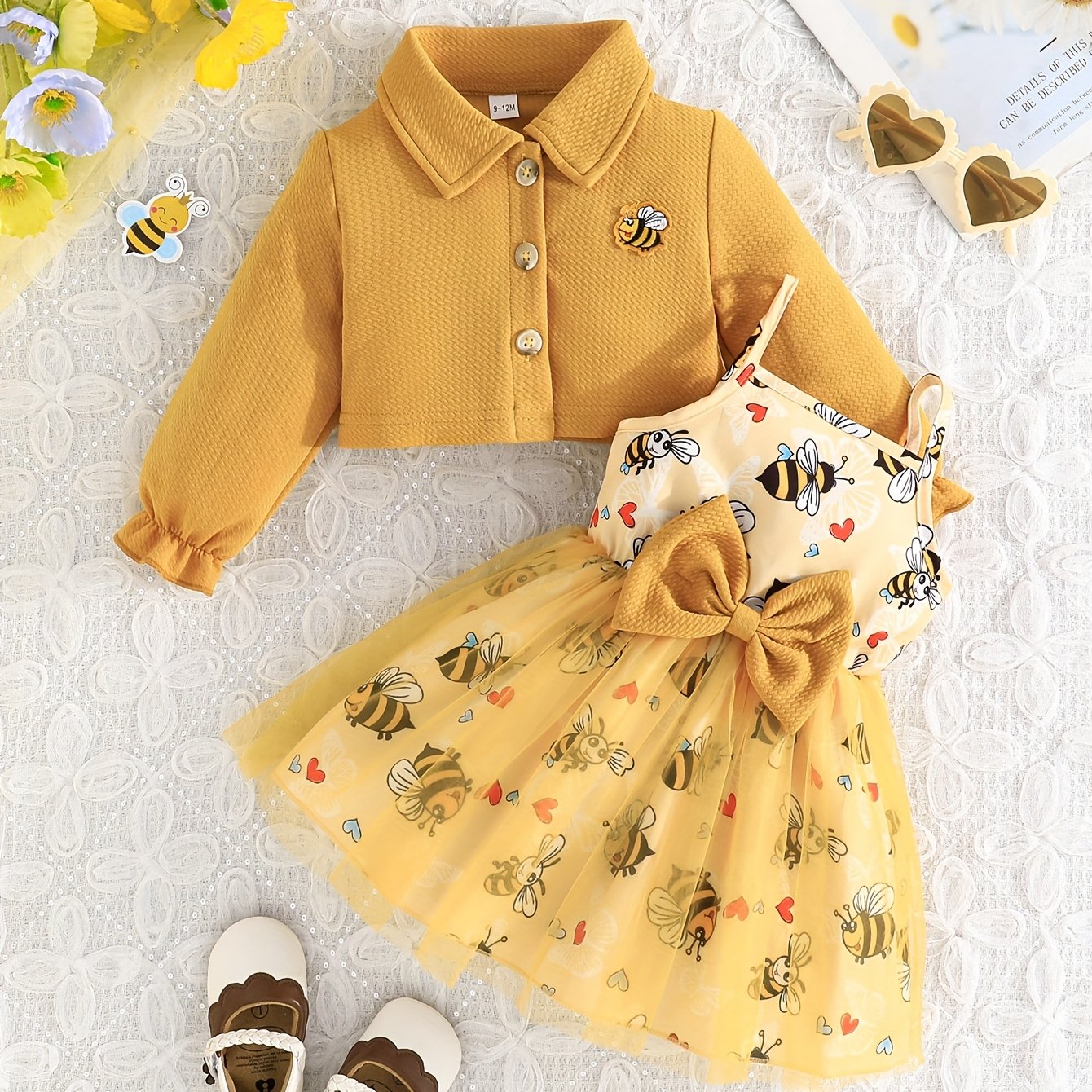Toddler Girl Butterfly Outfit Set With Bee Sleeveless Suspenders Dress And Cardigan