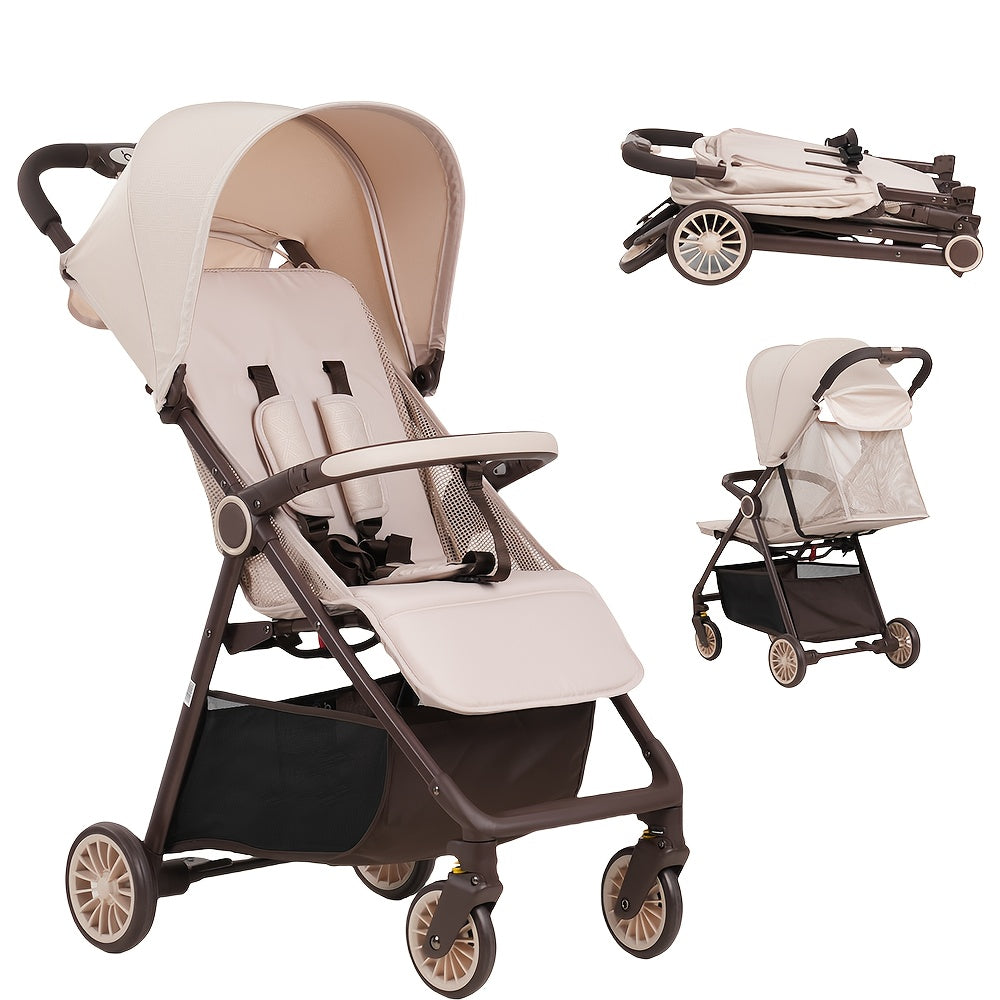 Compact Travel Stroller - Lightweight, Quick Fold, One-Click Operation, Beige & Brown Design, Anti-Skid Wheels, Large Capacity Basket, Portable Stroller for On-the-Go Parents, Durable Metal Frame, Compact Stroller