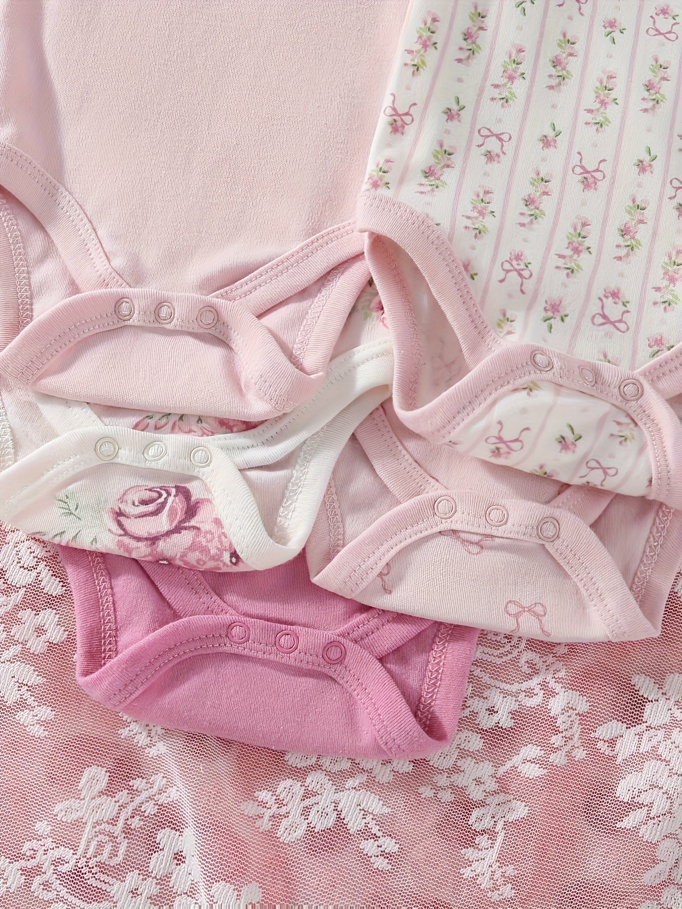 5pcs Set Of Baby Girl Short Sleeved Triangle Jumpsuit With Pink Flowers, Cute Baby Girl Outfit, Crawling Suit, for Outdoor
