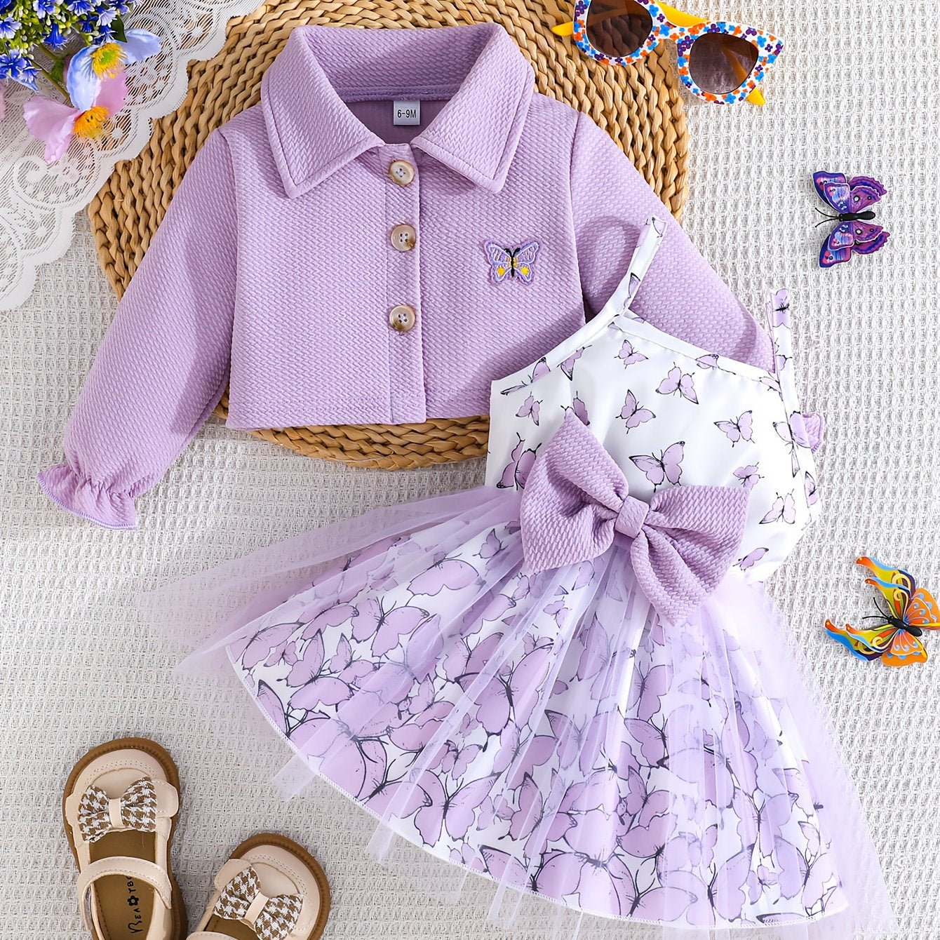 Toddler Girl Butterfly Outfit Set With Bee Sleeveless Suspenders Dress And Cardigan