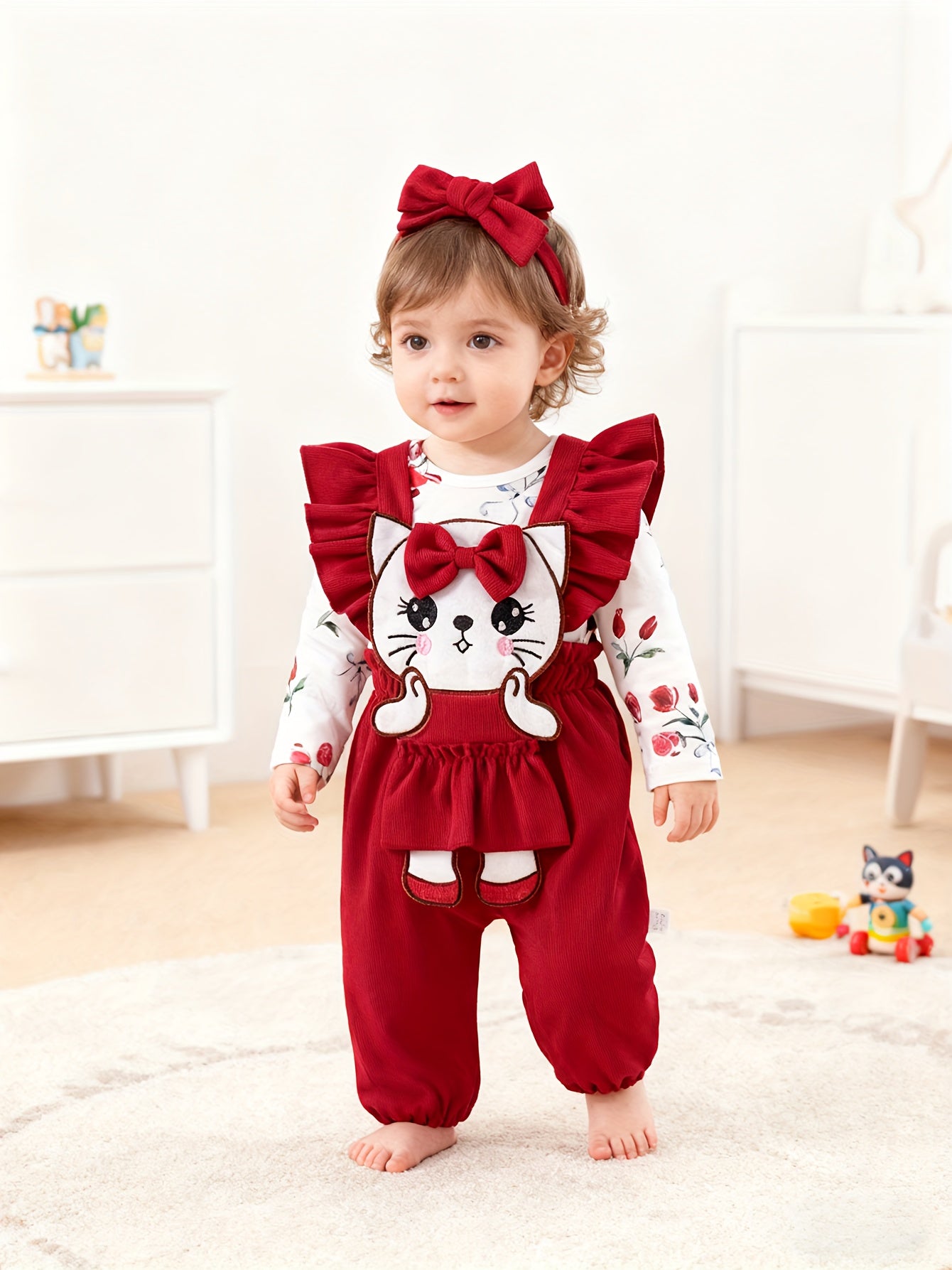 Three Piece Baby Girls Outfit Set With Floral Long Sleeve Romper Kitten Patch Jumpsuit Matching Headband Spring Autumn