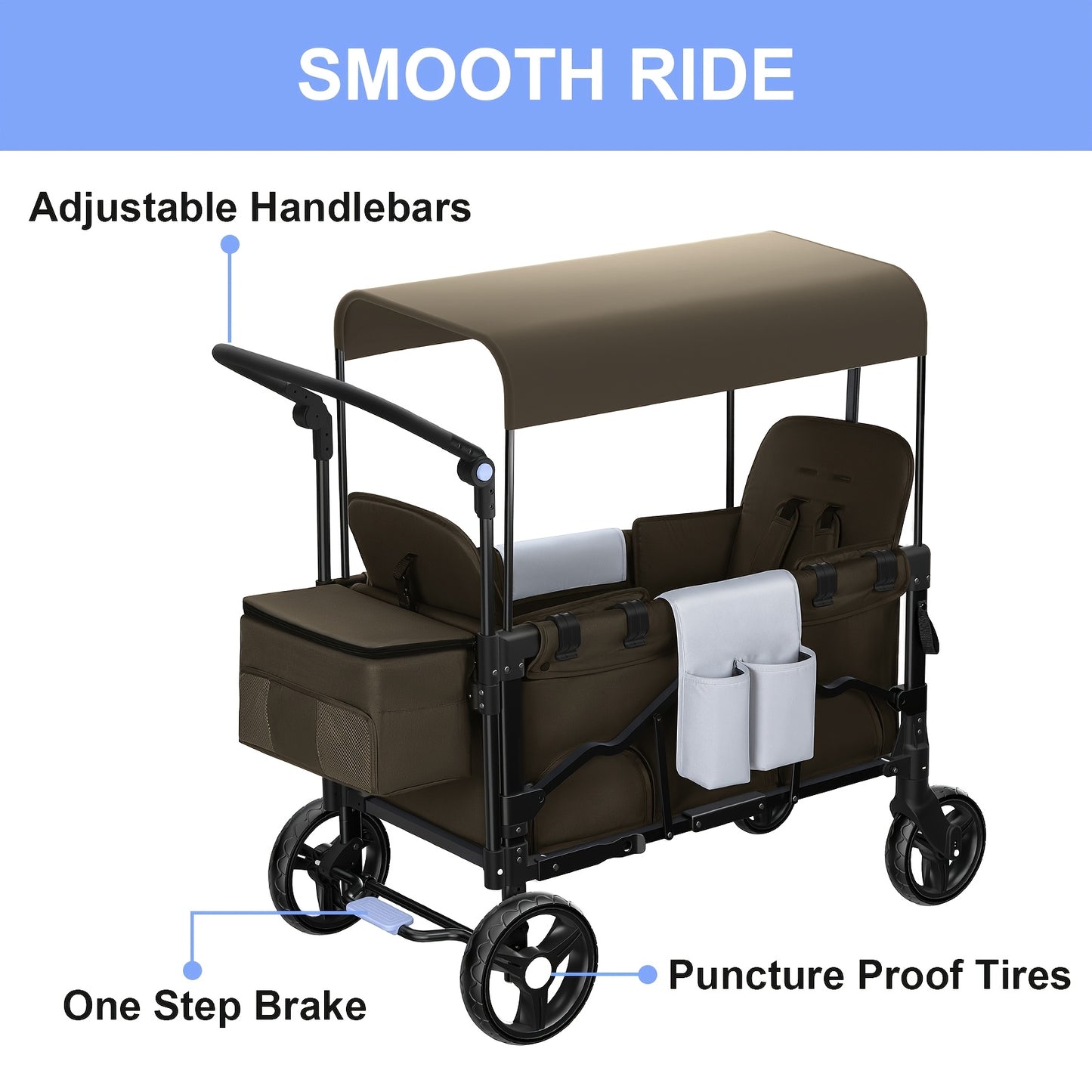 Folding Stroller Wagon Collapsible Wagon For 2 Kids, Baby Wagon Stroller With Adjustable Handle For Infants Toddlers Includes Canopy & Organizer, Foldable Convenient For Storage, Outdoor Garden Beach