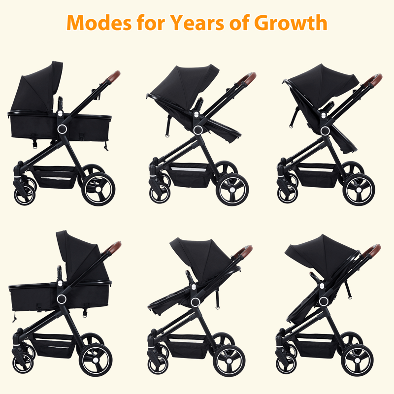 Juiluna 2 in1 Baby Stroller, High Landscape Infant Stroller, Reversible Bassinet Pram Stroller, Pushchair Adjustable Backrest & Canopy, Foldable Aluminum Alloy Anti-Shock Stroller for Newborn (Black)