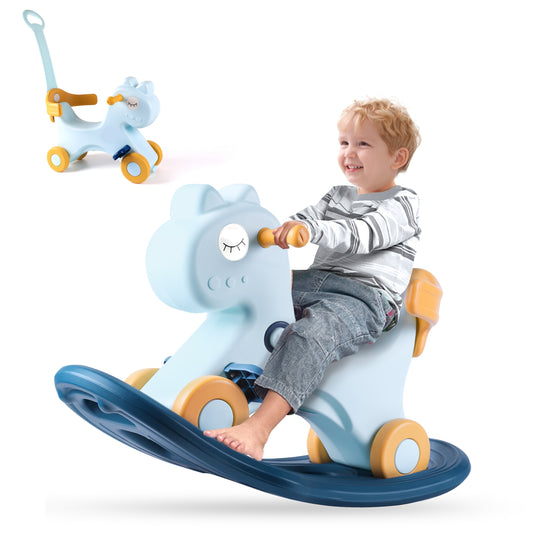Blue 4-in-1 Rocking Horse with Safety Handle Fun Ride-On Toy for Kids Aged 1 to 3