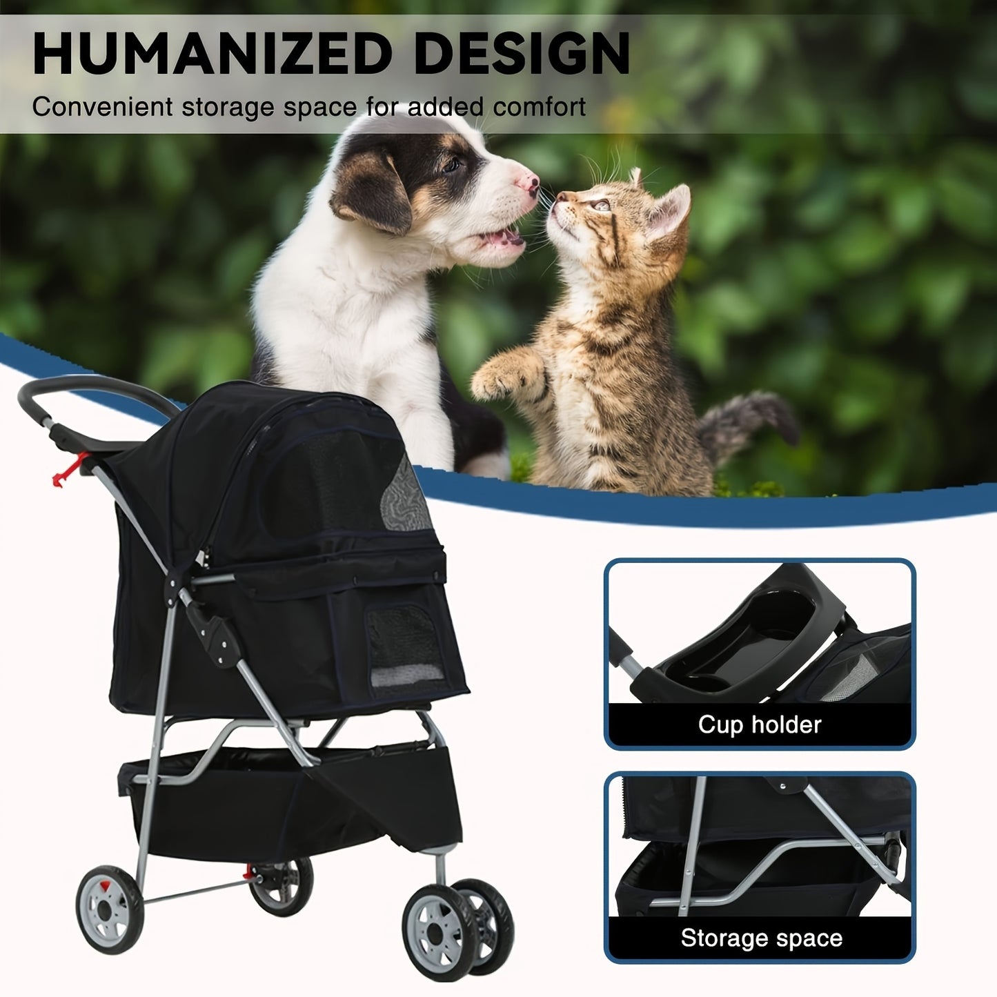3 Wheels Pet Cat Jogger Stroller, Folding Carrier Waterproof Puppy Stroller With Cup Holder & Removable Liner, Dog Strollers For Small Dogs, For Small And Medium Pets