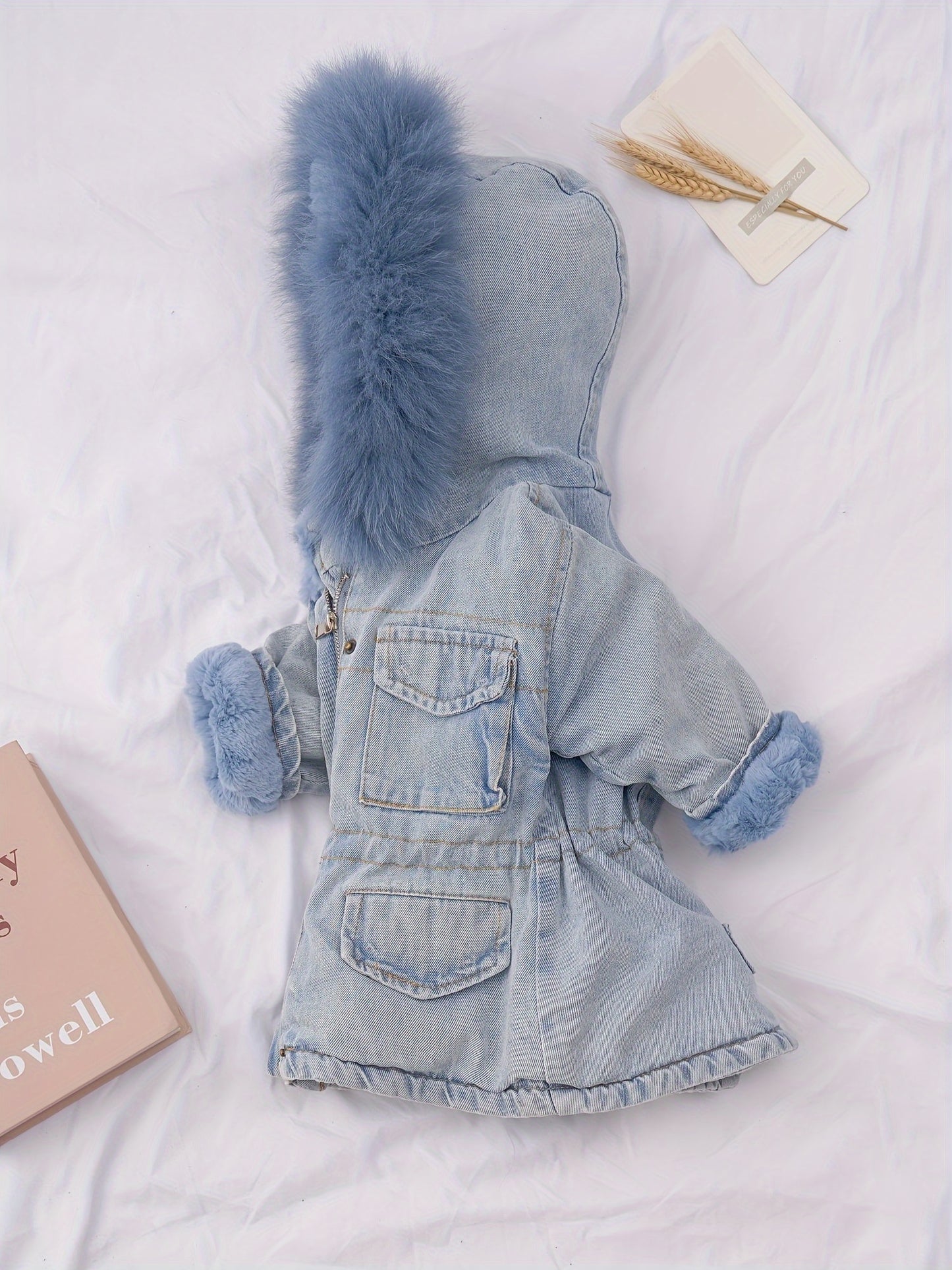 Holly Brand Oversized Denim Fur Hooded Winter Coat Jacket for Women Warm and Cozy