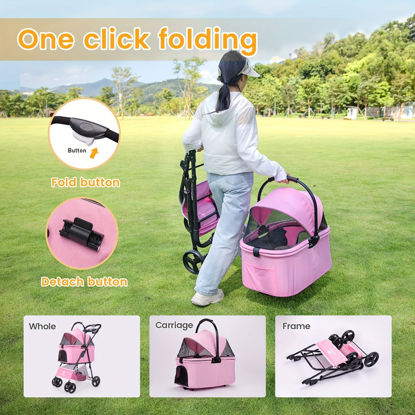 Pet Stroller For Small To Medium Dogs Durable Cat Stroller With Lightweight Aluminum Frame, One-Click Folding, No Zip Entry, PU Wheels, Multiple Pockets