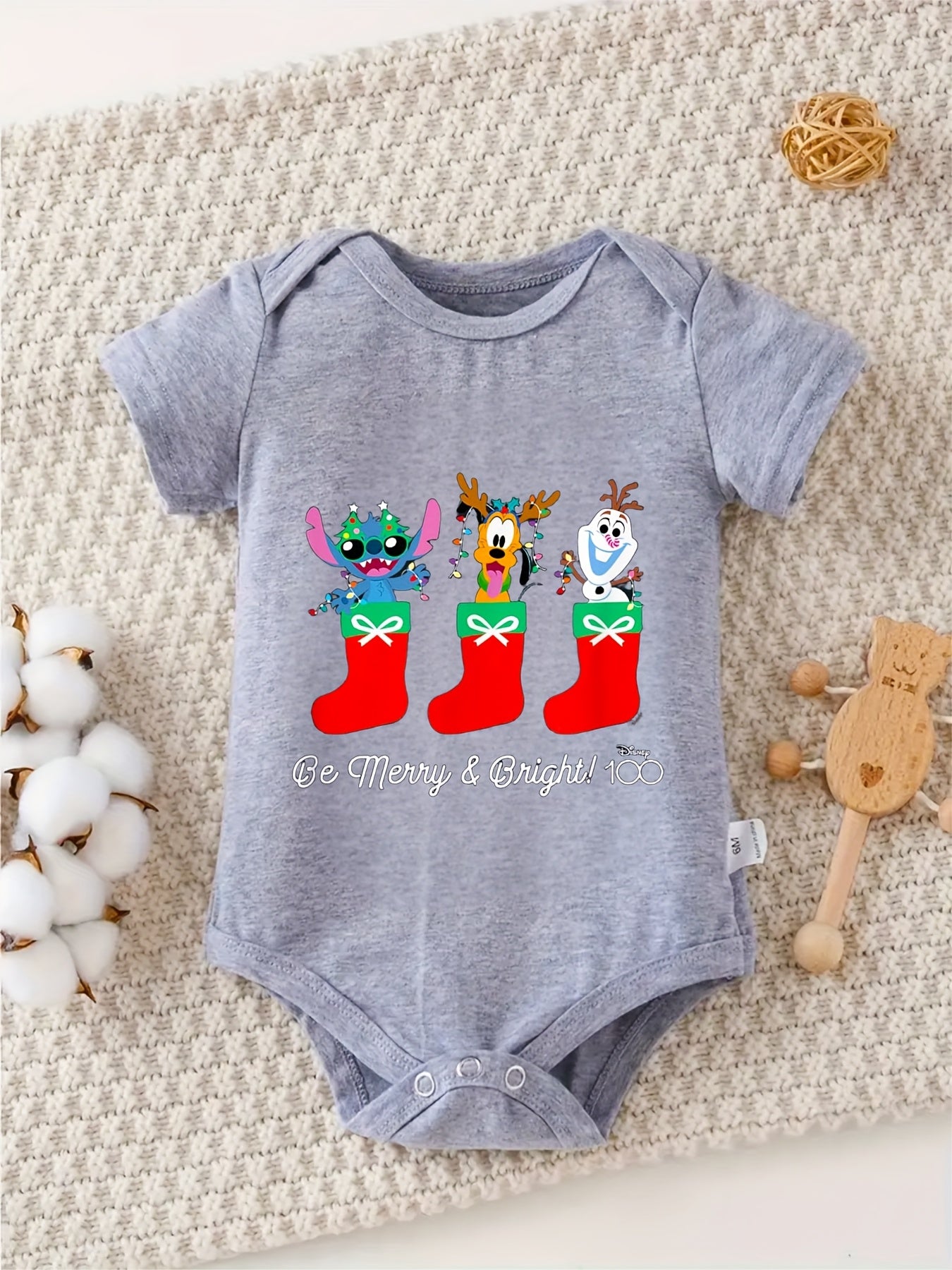 Disney Stitch Pluto Olaf Christmas Be Merry Bright 100 Percent Cotton Short Sleeve Romper