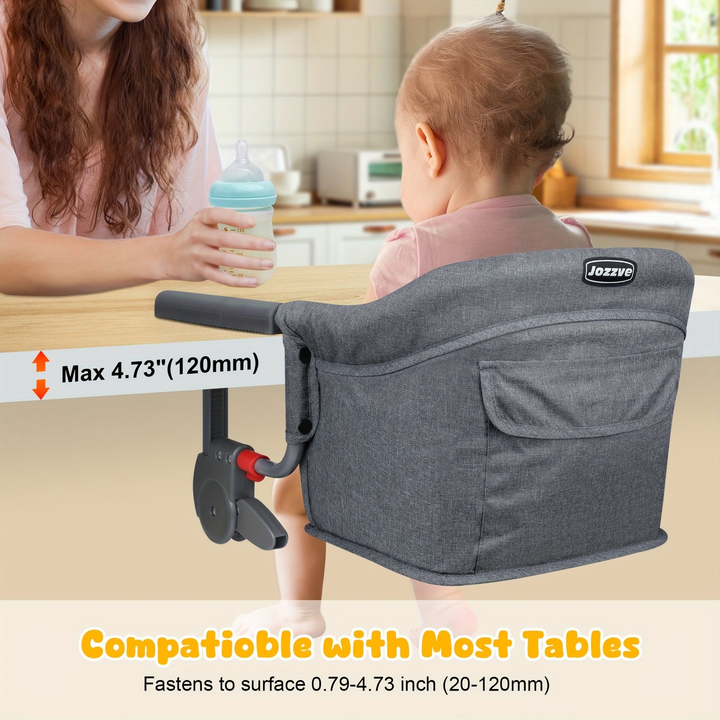 Hook On Chair: Portable Fast Table Chair with Storage Bag, Clip On Table Chairs for Babies And Toddlers, Foldable Baby Feeding Chair with Removable Seat for Home And Travel -Grey