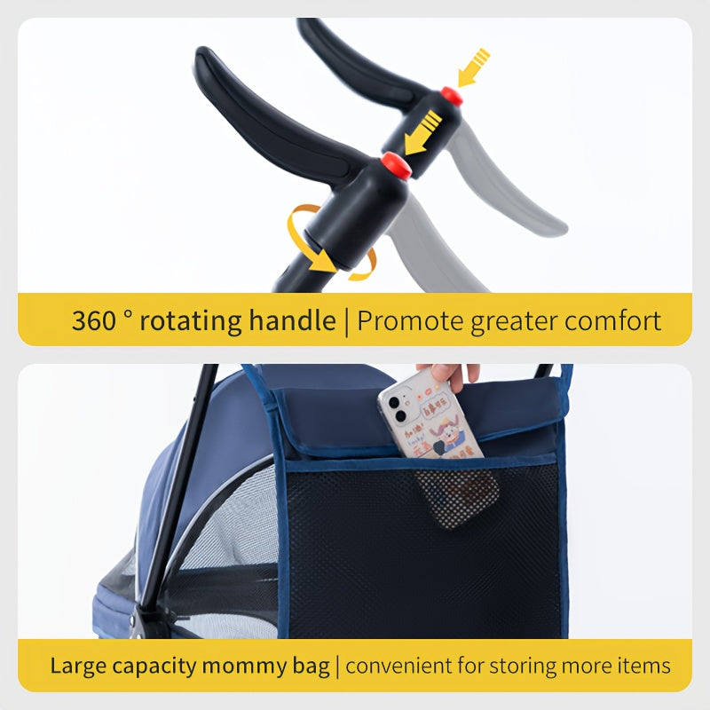 1pc Durable Pet Stroller for Small to Medium Dogs & Cats - Portable, Foldable with Metal Frame & Oxford Fabric, Blue & Black with Mesh Side Pocket, Carry Bag & Removable Tray for Travel, Dog Stroller