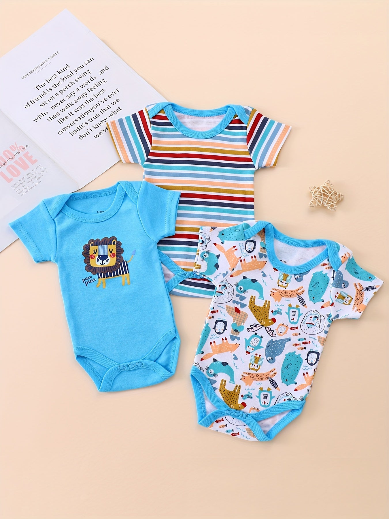 3pcs Toddler Boys' Short Sleeve Romper Set - Cute Lion Animal Print, Blue & White, Cotton, Round Neck, Summer Outfit with "LOVE" & "THANKS" Embroidery, Perfect for Spring/Summer, Clothes for Youngster, for Outdoor, Perfect fo