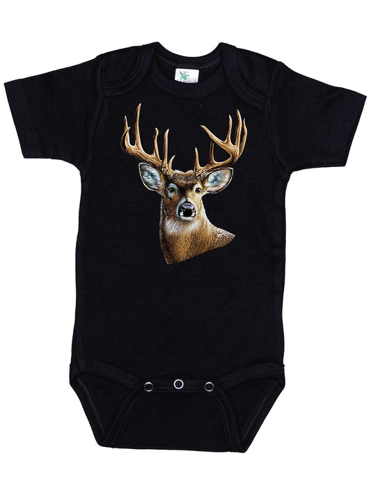 Ebenezer Fire Hunting Onesie Black Buck Deer Graphic Short Sleeve Baby Bodysuit