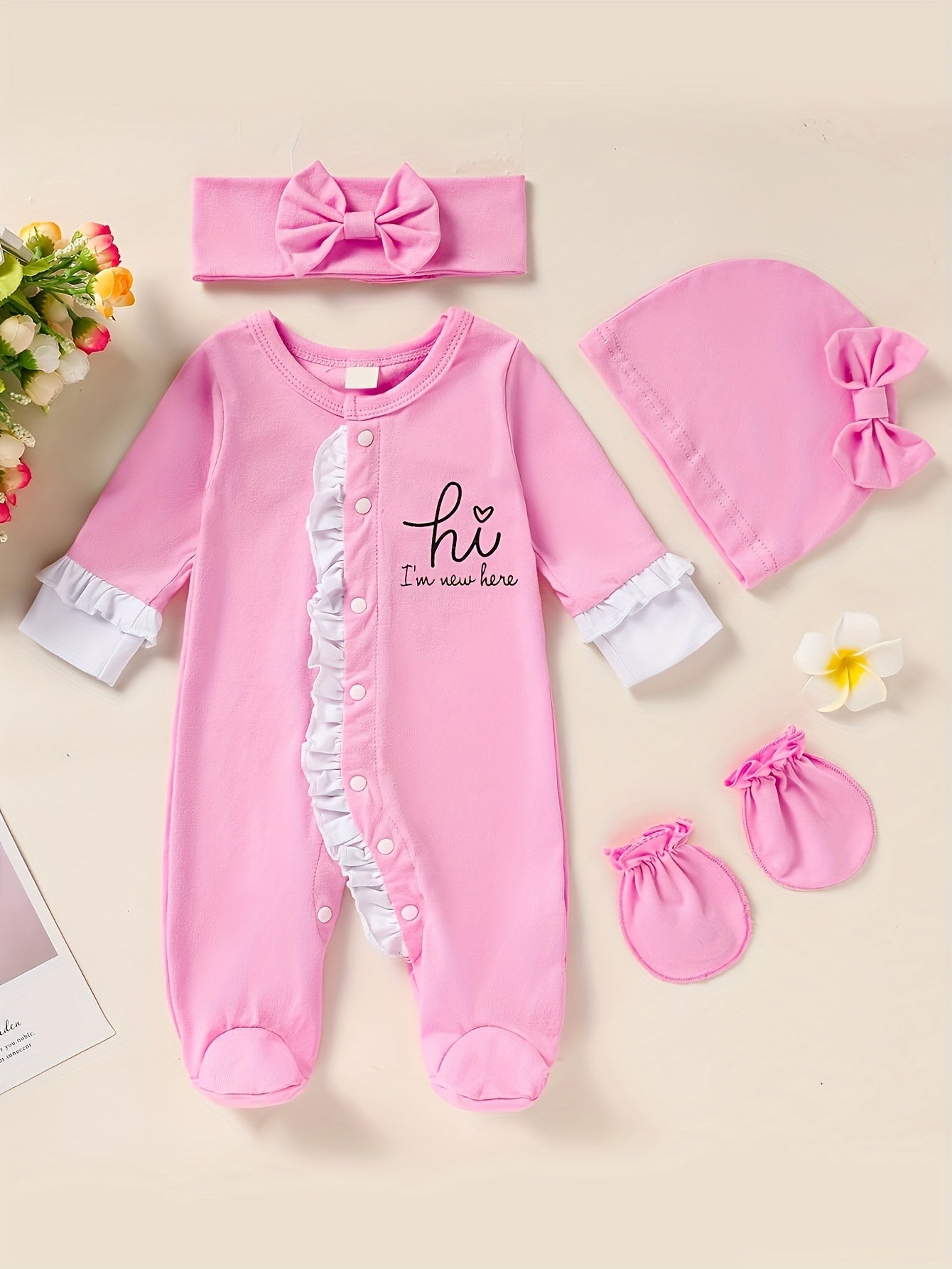 Newborn Baby Girl Romper Set Letter Print Mittens Headband