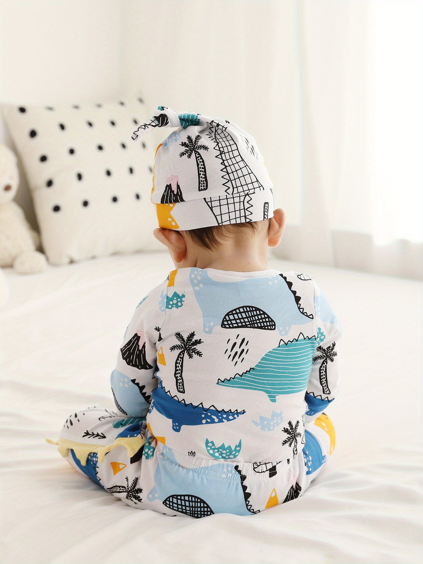 KuKitty Newborn Baby Boy 3pc Cotton Long Sleeve Romper Top Pant Hat Dinosaur Outfit Set