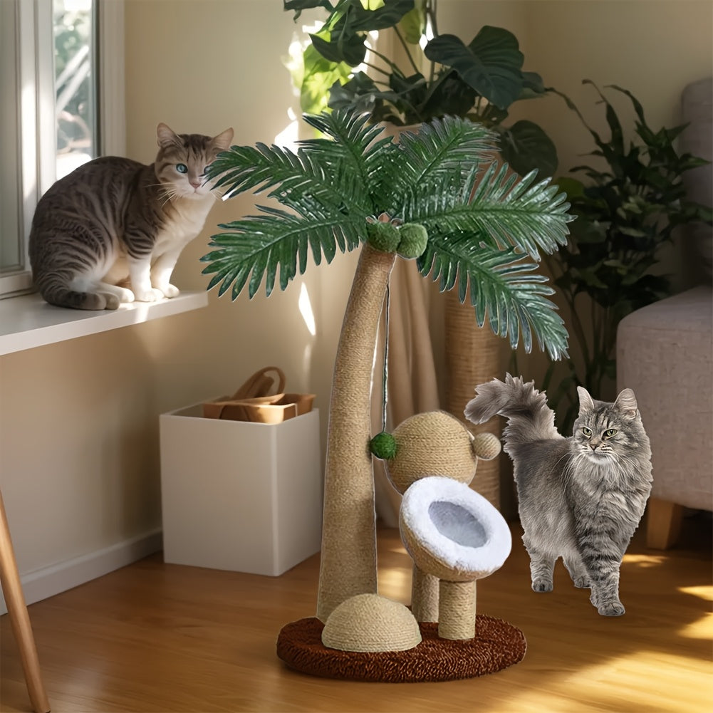 Tropical Palm Tree Cat Tower with Cozy Cat House and Sisal Rope Scratching Post