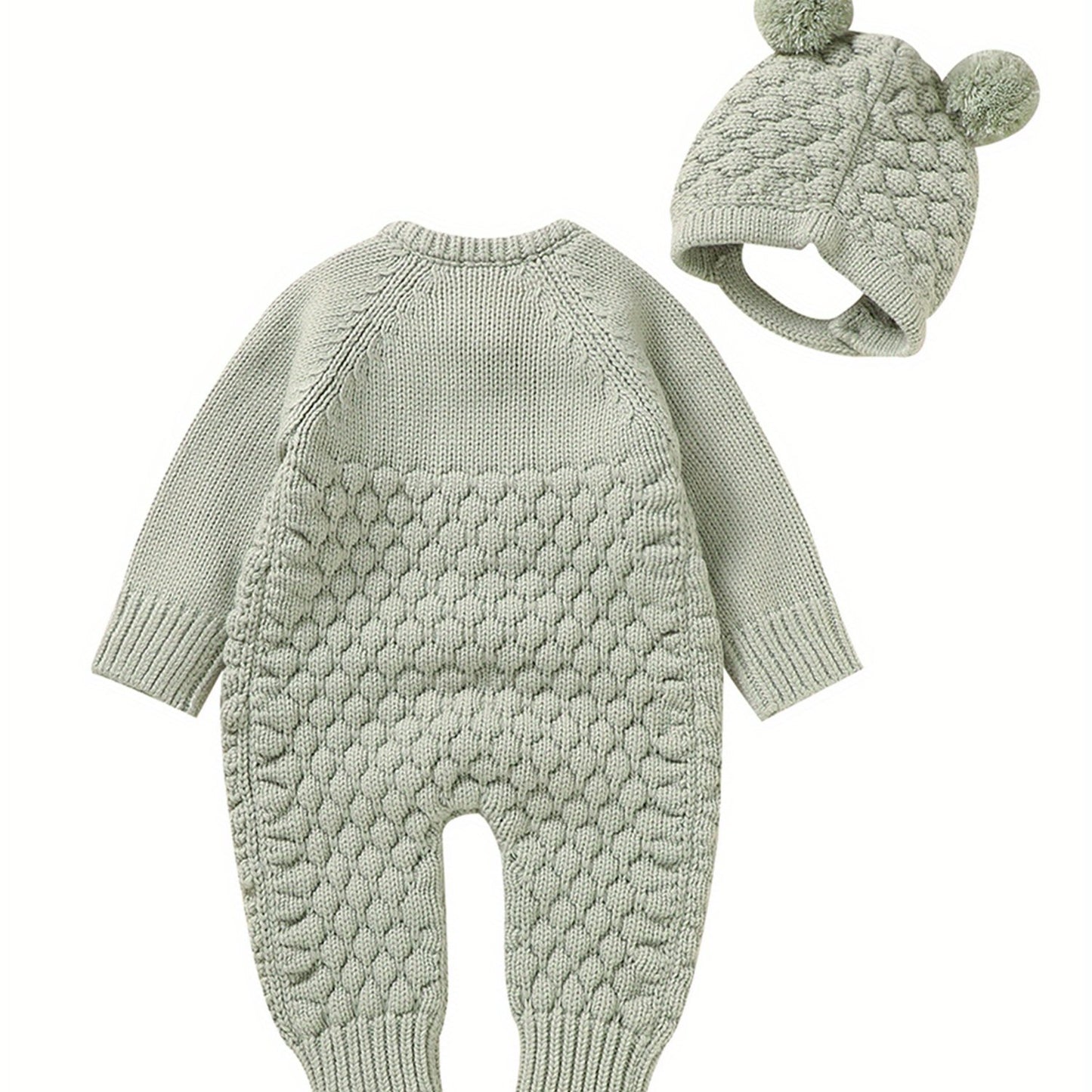 Infant Baby Winter Knit Romper Bear Hat 2pc Set Long Sleeve