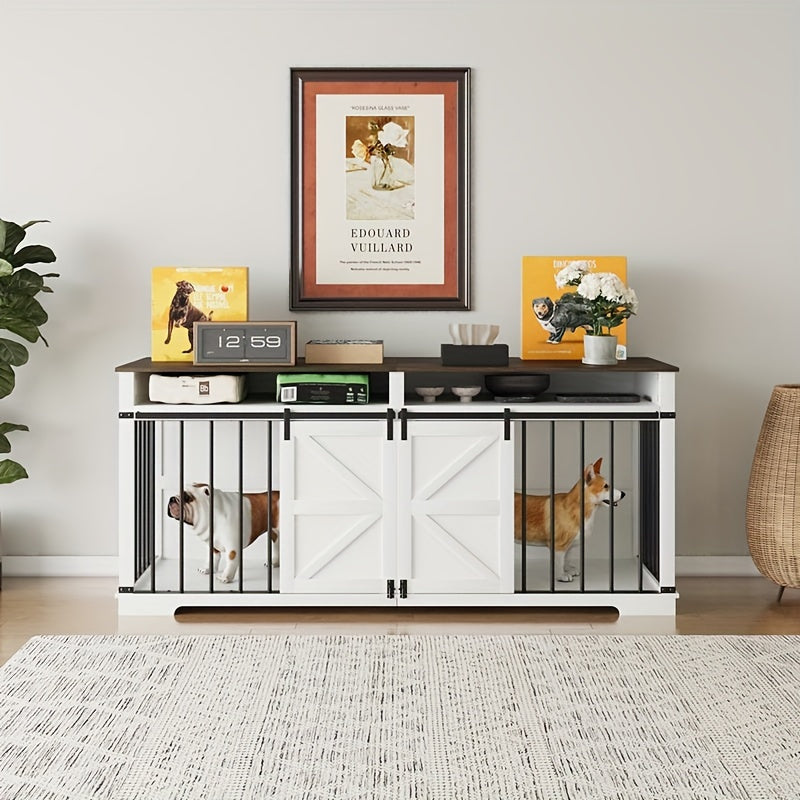 Wooden Dog Crate Kennel End Table with Sliding Barn Door and Convenient Drawer