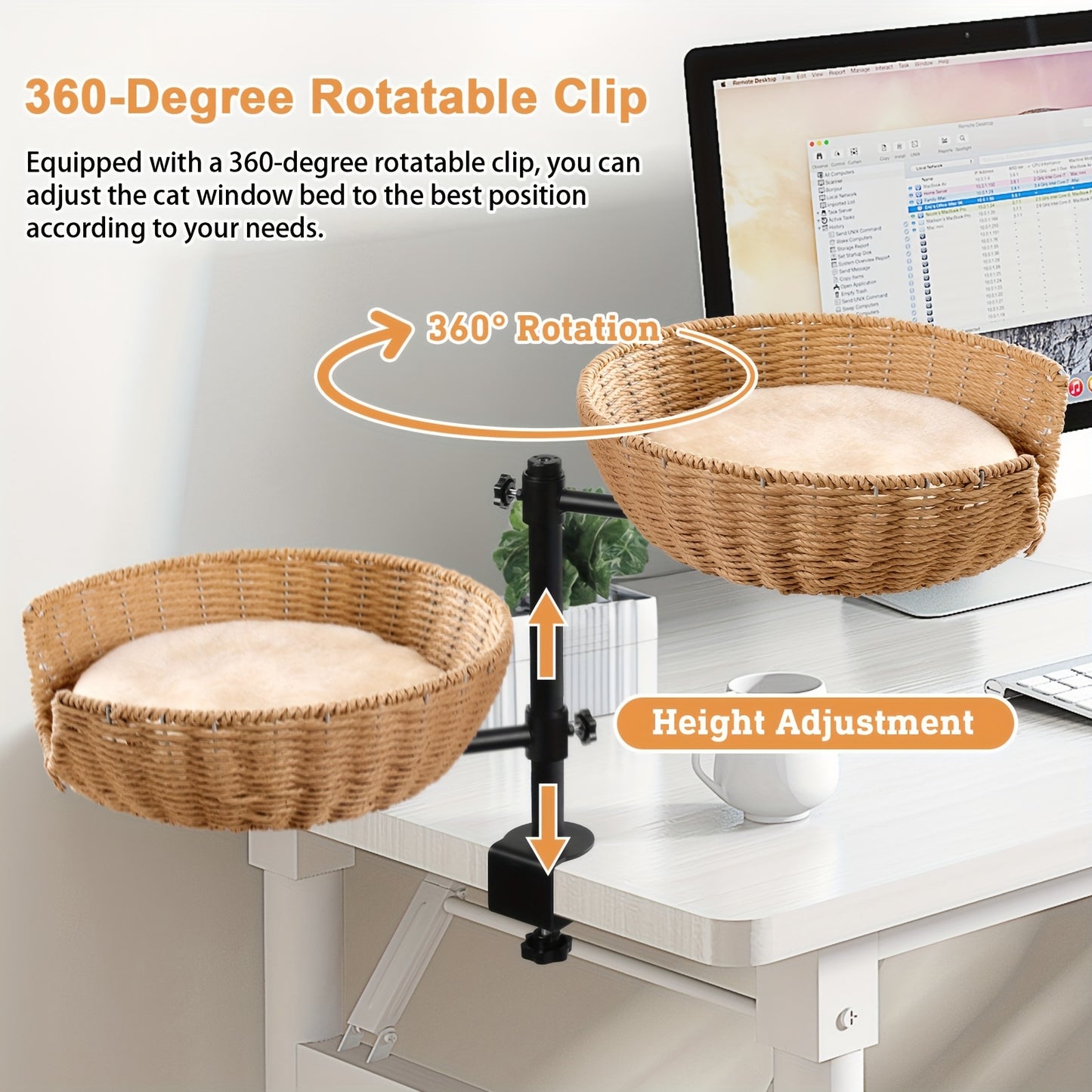 Adjustable Height 360 Degree Rotating Cat Desk Bed Hammock with Removable Shelf and Mats