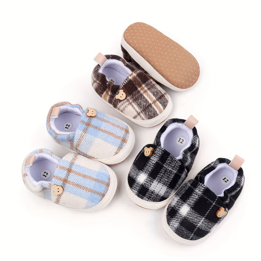 Baby First Walking Shoes - Soft Fabric Slip-On Sneakers with Striped & Plaid Patterns, Easy Snap Closure, Lightweight Crib Shoes for Infant Boys & Girls, All-Season Casual Shoes with Bear Button & Cushioned Insole, Baby Shoes