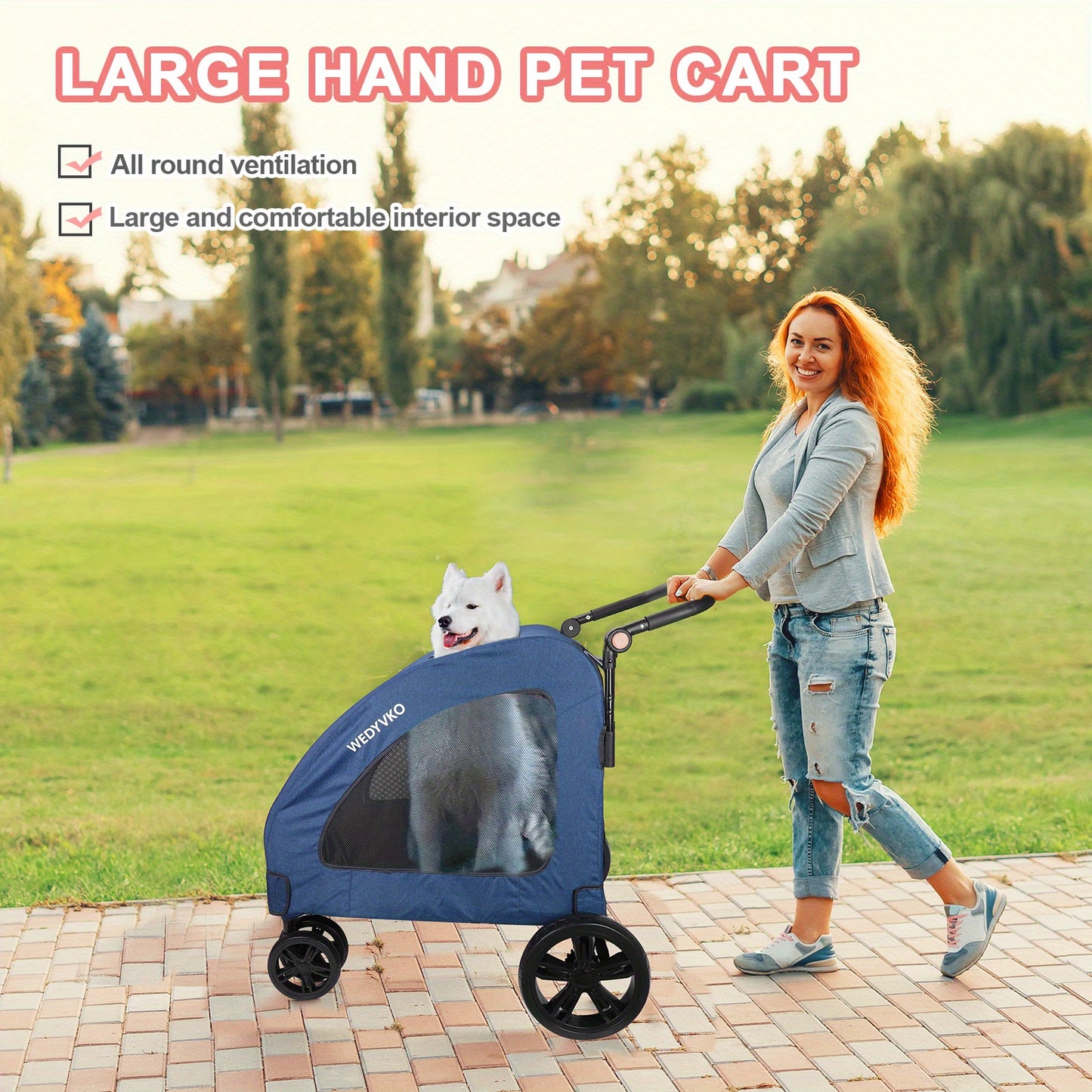 Spacious Pet StrollerRoomy For Pets Up To 120lbs (54kg). 3-sided Mesh For Airflow & Security. 360° Silent Wheels & 3-angle Adjustable Handle For Easy Maneuvering. One-step Fold For Compact Storage.