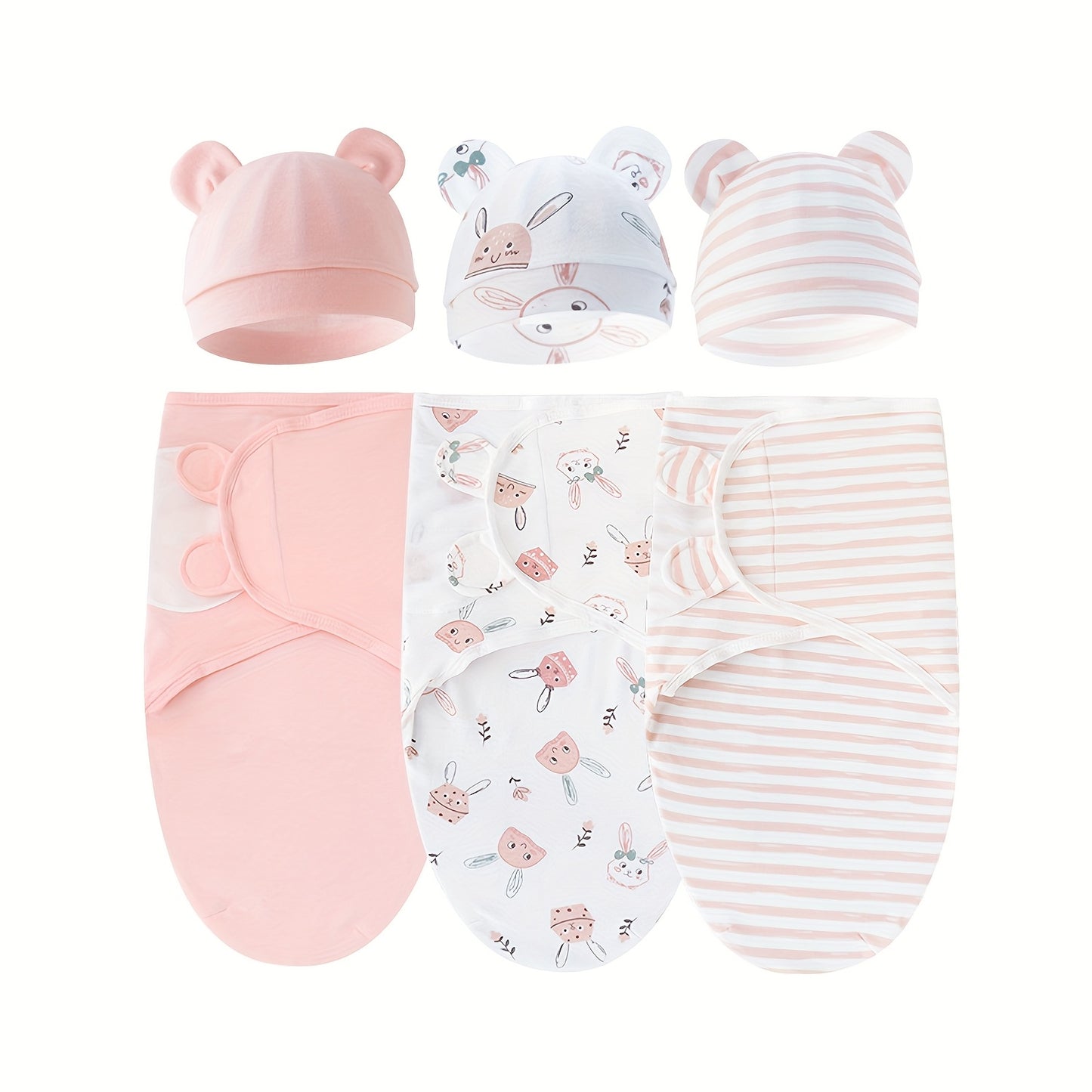 3 Sets Of Newborn Swaddle Blankets And Hats For 0-6 Months Boys And Girls, Newborn Anti-Shock Swaddle Design, Newborn Gift.