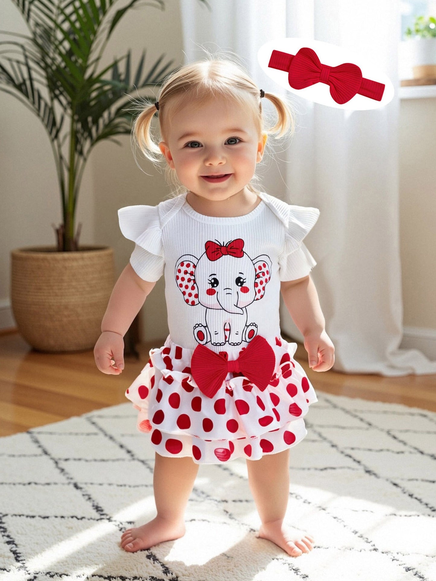 Baby Girls Summer Outfit Set Elephant Print Romper With Ruffle Shorts And Headband 3pc