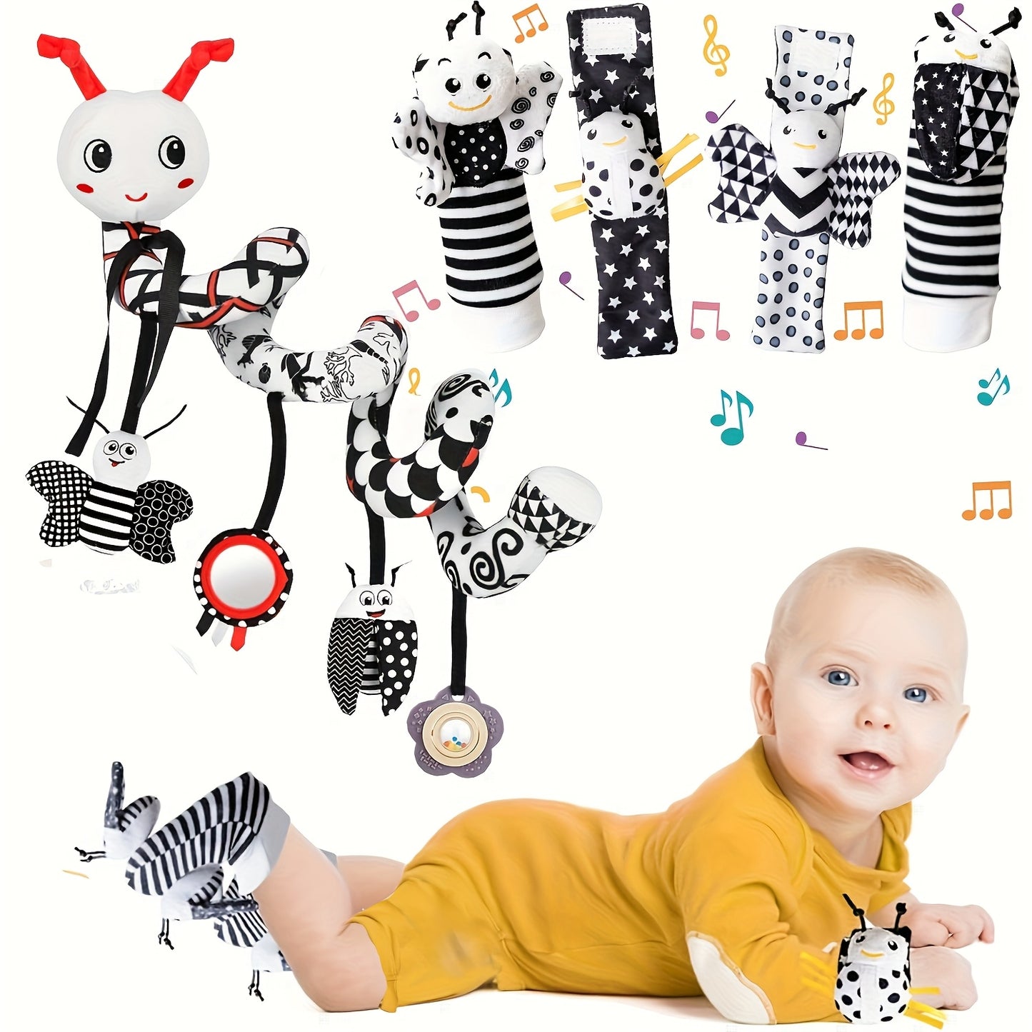 Musical Rattle Set For Babies 0 To 6 Months High Contrast Car Seat Toys Plush Pendants