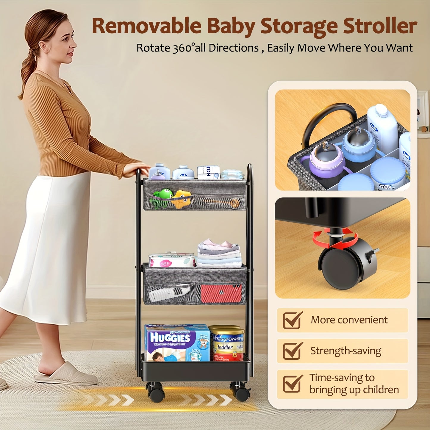 3 Tier Diaper Caddy Organizer Cart with Rolling Wheels for Nursery and Bedroom Essentials