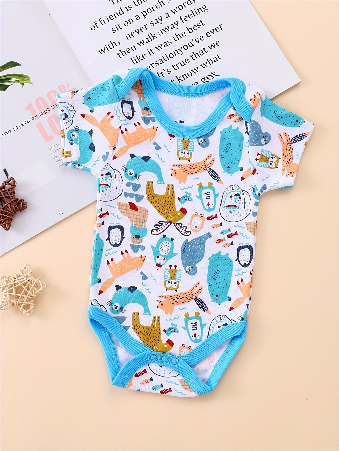 3pcs Toddler Boys' Short Sleeve Romper Set - Cute Lion Animal Print, Blue & White, Cotton, Round Neck, Summer Outfit with "LOVE" & "THANKS" Embroidery, Perfect for Spring/Summer, Clothes for Youngster, for Outdoor, Perfect fo