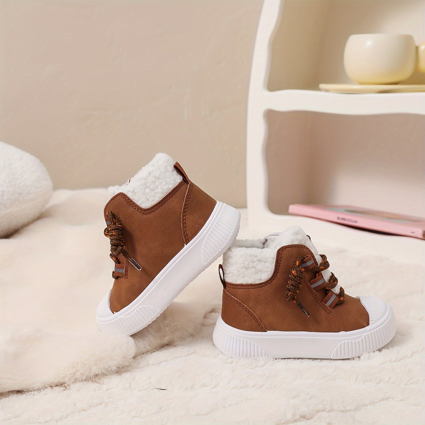 Cozy Fleece Lined High Top Sneakers for Kids with Hook and Loop Closure for Fall Winter