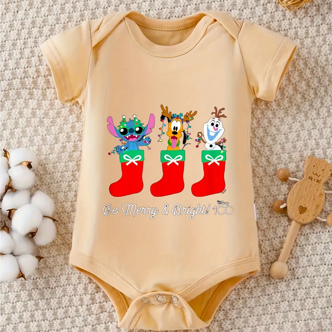 Disney Stitch Pluto Olaf Christmas Be Merry Bright 100 Percent Cotton Short Sleeve Romper