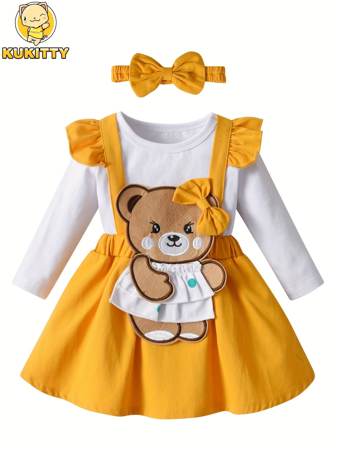KuKitty Baby Girl 3 Piece Outfit Set Long Sleeve Tee Tops Bear Suspender Skirt Headband