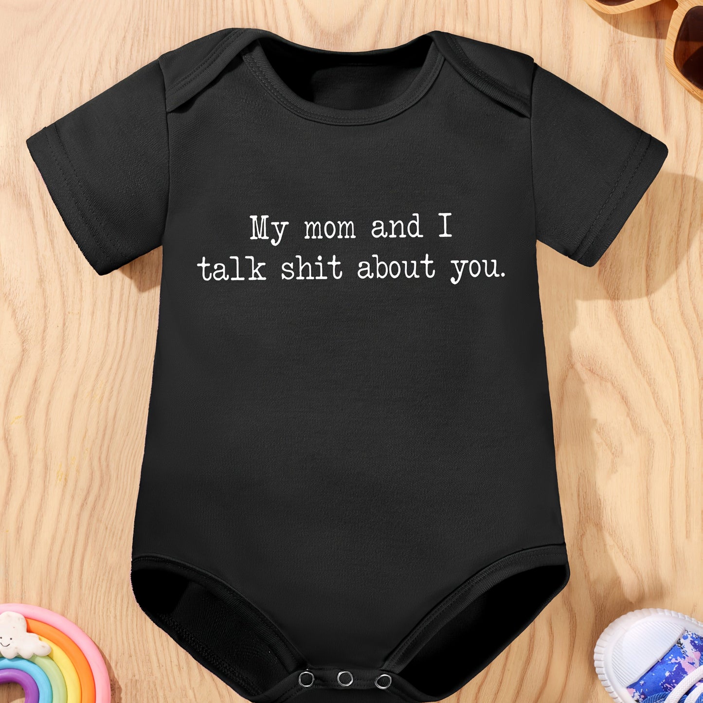 Newborn Summer Short Sleeve Bodysuit with My Mom and I Talk About You Print in Black