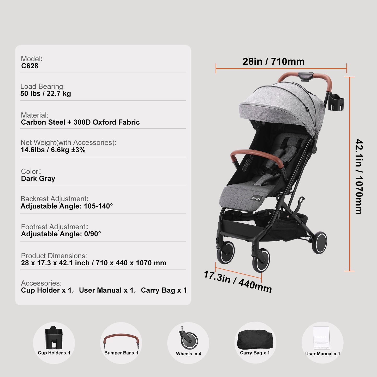 VEvor Dark Grey Standard Stroller - Adjustable Backrest & Footrest, One-Click Fold, Cup Holder - Carry Bag Included