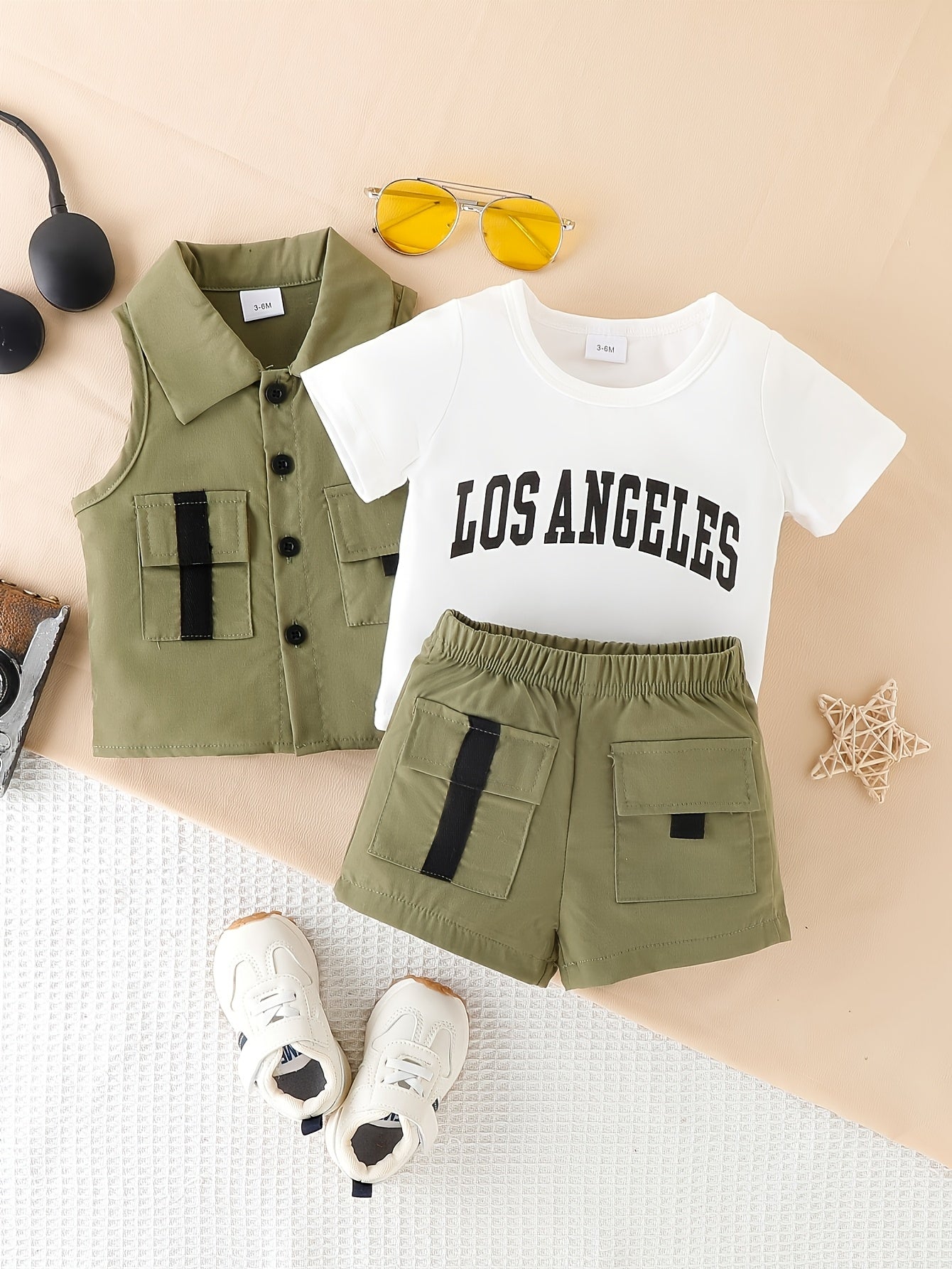 Boys' Summer New Casual Cargo Green Top & White T-Shirt & Versatile Green Shorts Three-Piece Set, for Outdoor, Perfect for Outdoor