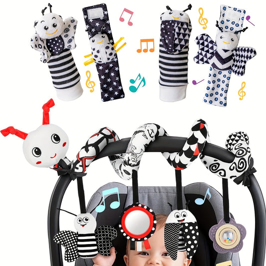 Musical Rattle Set For Babies 0 To 6 Months High Contrast Car Seat Toys Plush Pendants