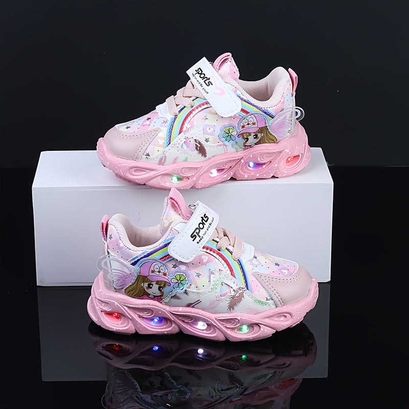Girls Cute Cartoon Print LED Running Shoes for Toddlers and Youngsters Light Up Sports Shoes