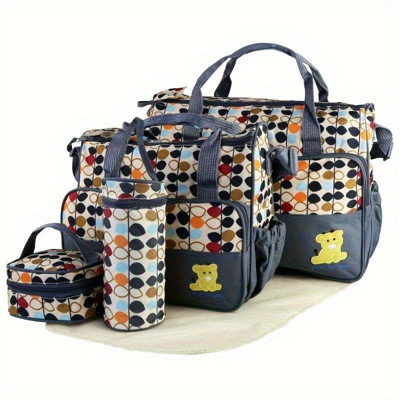 5 Piece Nappy Diaper Bag Set with Changing Pad and Insulated Pockets for Travel